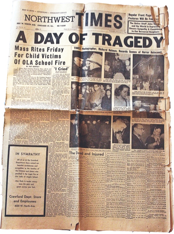 A￼￼ photograph of the front page of the Northwest Times documenting the fire at Our Lady of the Angels in 1958. (Photo by Hannah Sturtecky/Sun Day)