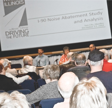 Residents meet with representatives from the Tollway Authority to discuss noise disturbance from I-90 traffic. (Photo by Mason Souza/Sun Day)