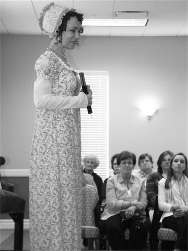 ￼‘Jane Austen,’ played by Debra Ann Miller, entertains One Book Club members. (Photo provided)
