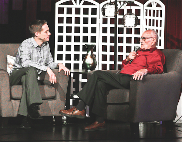 Willow Creek Community Church Pastor Todd Katter (left) interviews Sun City resident and Army veteran Paul Souchek about his WWII experiences. (Photo provided)