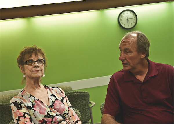 Dick Storer as, "37 Postcards'" Avery Sutton, rehearses with Debra DeMarco, who plays Ester. (Photo by Chris LaPelusa/Sun Day)