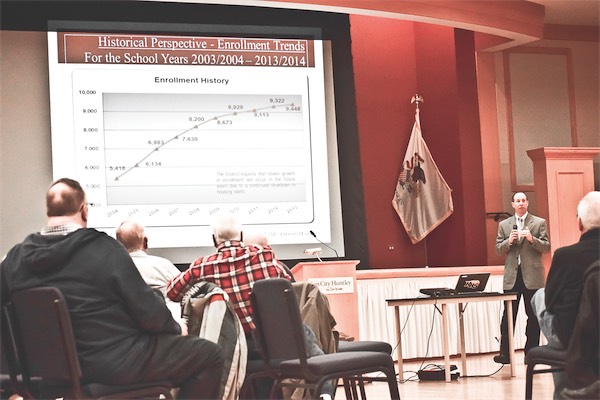 D158 Superintendent John Burkey (standing, right) presents Members of the Current Affairs club with stats and figures on D-158’s enrollment and financial status at a recent meeting. (Photo provided)