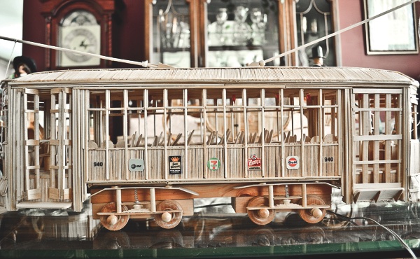 "New Orleans Trolley" made entirely out of toothpicks.