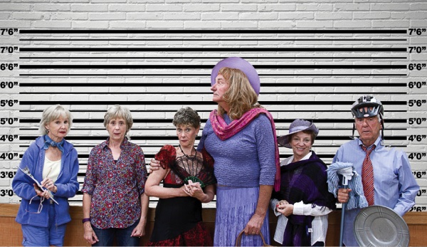 From left: Jan Dennis as Beth Bailey, Diane Scott as Suzannah Hayden, Alice Haywood as Margo James, Dick Storer as Hank Russell, Karen Gienko as Celia Carmichael and Joe Beard as Gibby Hayden. (Photo illustration by Chris LaPelusa/Sun Day)