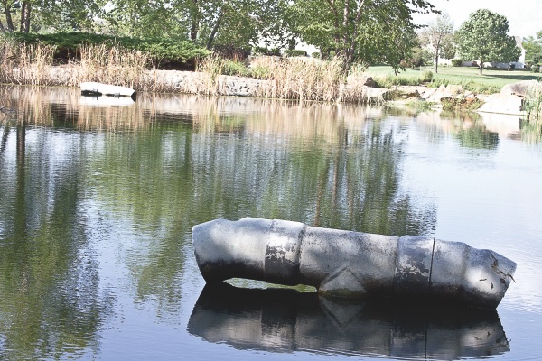 Low water levels of water feature behind Prairie Lodge leaves fountain pipes exposed. (Photo by Chris LaPelusa/Sun Day)