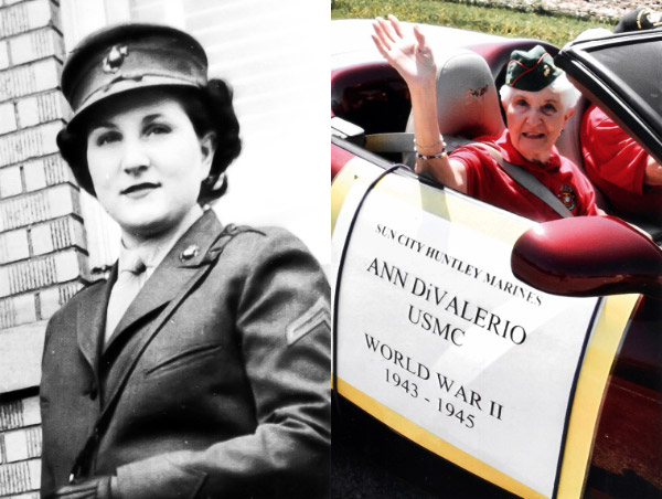 Sun City resident Ann DiValerio (N5) is one of the first female Marines. She’s pictured on the left in 1943, shortly after graduating bootcamp. She’s pictured on the right in 2016, at the Huntley Memorial Day Parade, proving “Once a Marine, always a Marine.”