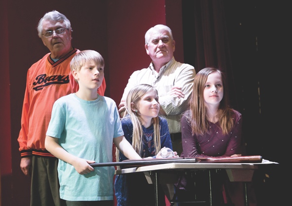 Annie Get Your Gun brings out cast of all ages to bring to life this iconic play. Background (L to R): Dave Strang, Jim Rice. Front (L to R): Carter Graf, Makayla Graf, Luciana Herrera. (Photo by Tony Pratt/Sun Day)