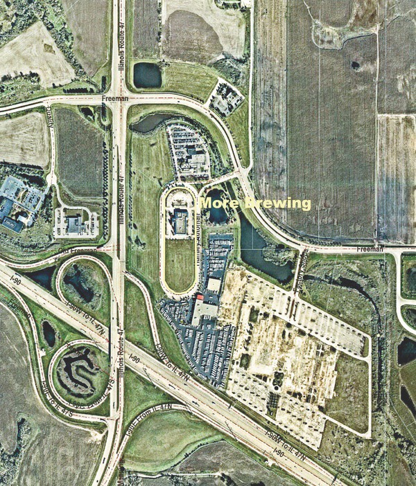 This aerial photo shows the proposed location of the More Brewing Co. restaurant in the former Chevrolet dealer site near the I-90 interchange in Huntley. (Photo provided)