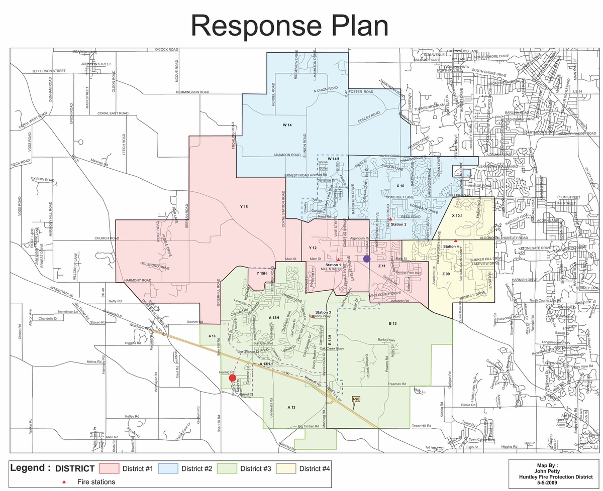 This map shows the current district coverage areas. Location #5 (circled in red) will shift District #3’s service area, which is the Fire Protection District’s busiest area.