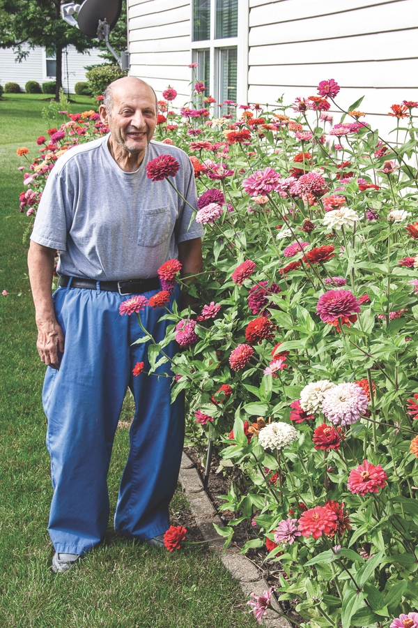 Sun City resident Albert Pollastrini was looking for an easy flower to grow and ended up growing six-foot-tall zinnias. (Photo by Tony Pratt/Sun Day)