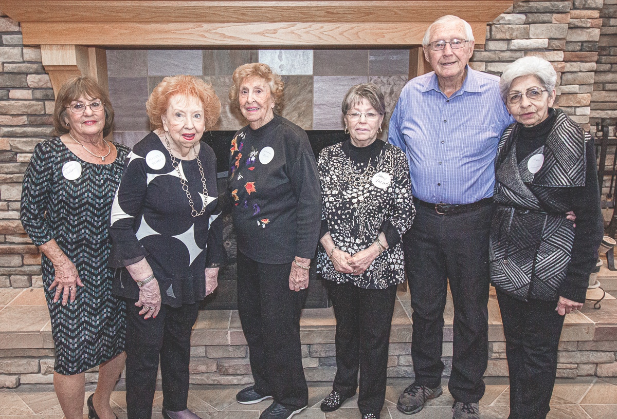 L to R: Claudia Carlsen, Mickey Scharfe, Lorraine Galias, Nancy Visconti, Harry Leopold, and Mary Kullmann are among those who celebrated their move to Sun City when it first opened. (Photo by Tony Pratt/Sun Day)