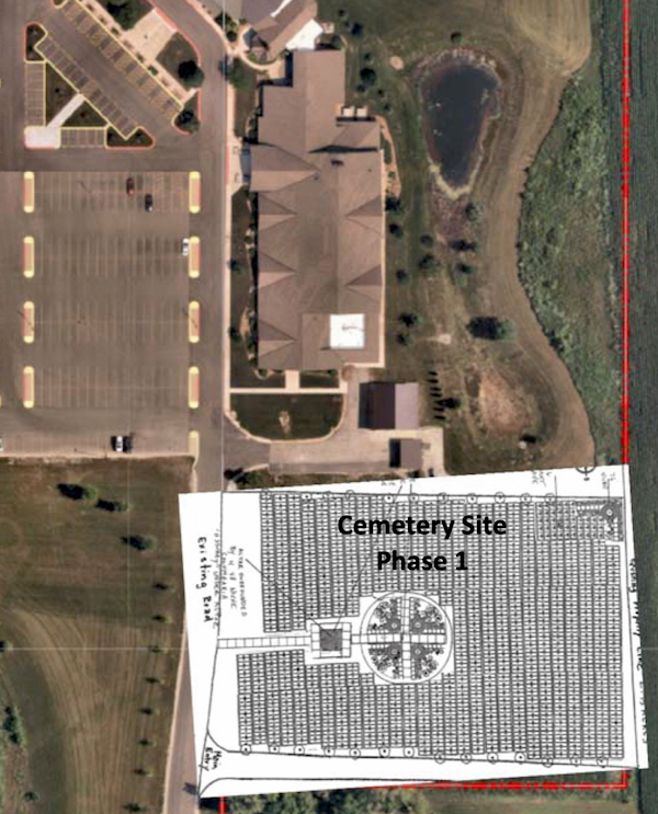 The proposed new St. Mary’s cemetery would be located on the vacant 2.45 acre church-owned lot adjacent to the south end of the church building between Kreutzer and Dundee Rds. (Photo provided)