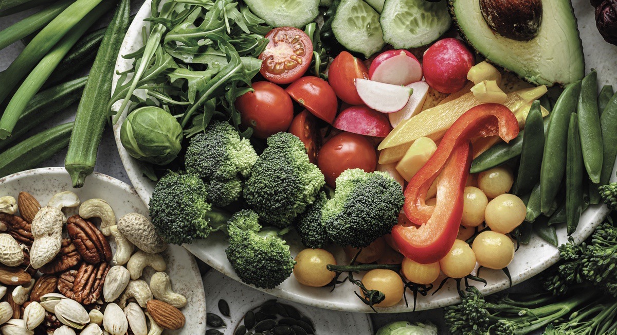 Raw veggies and nuts flat lay food photography