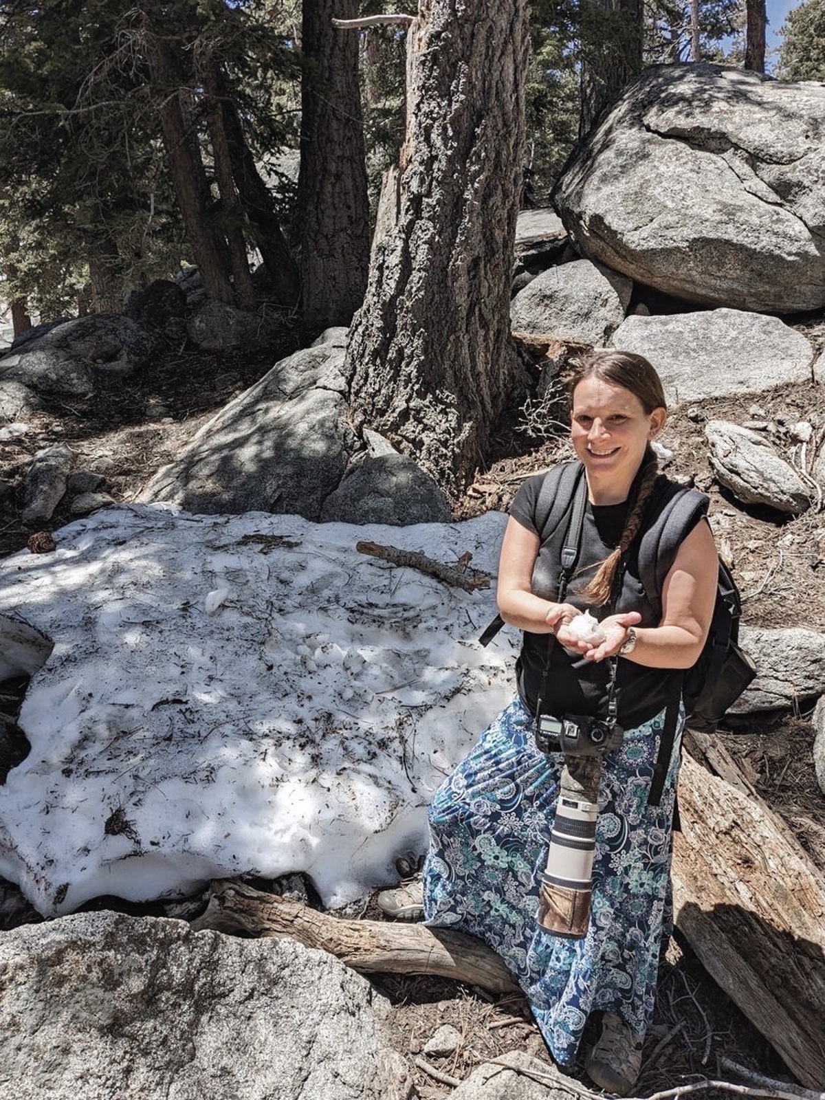 Despite high temps, Janie Giltner encounters snow in the mountains. (Photo provided)