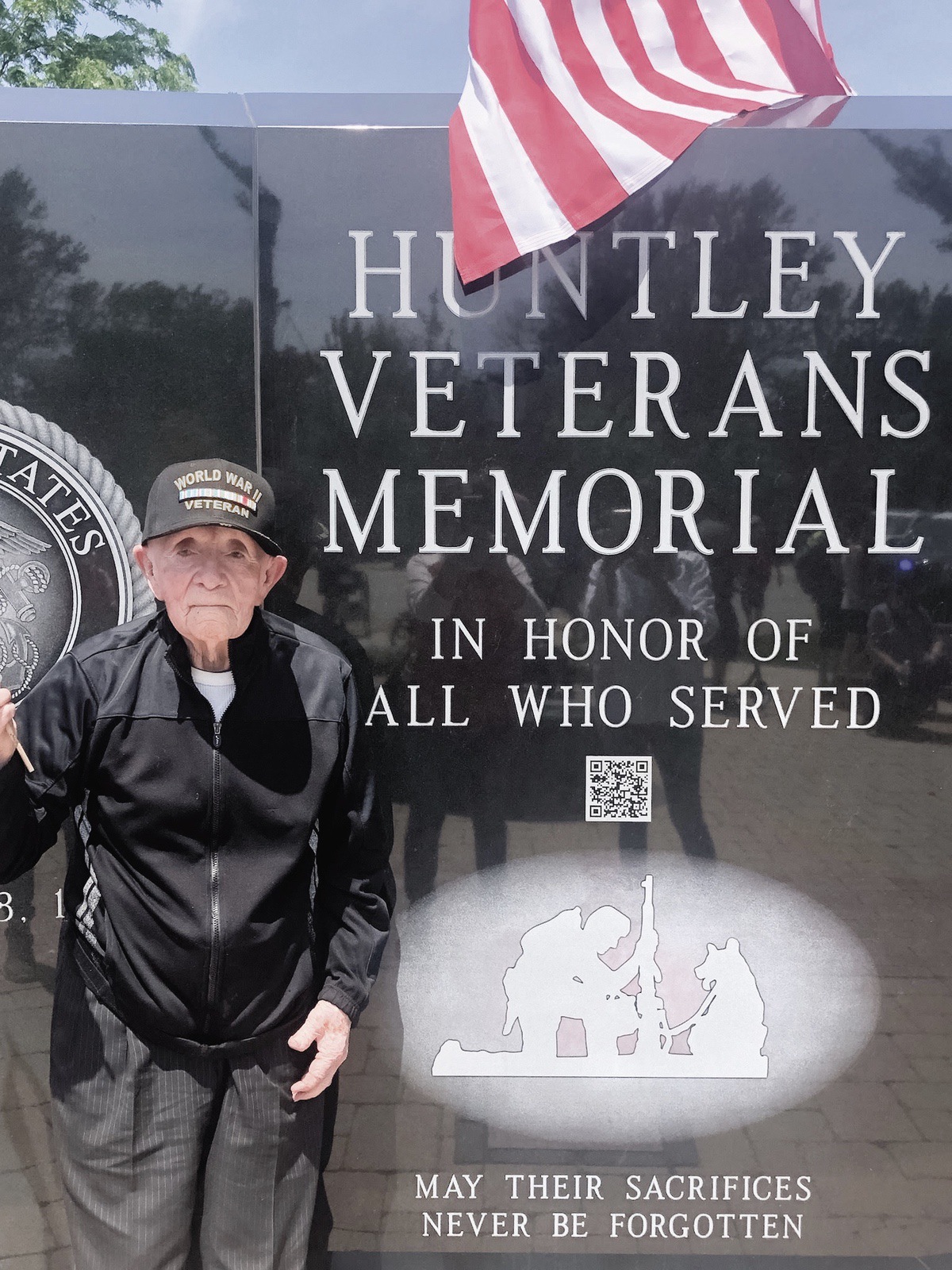 WWII veteran, Raul Zuniga celebrating his 102nd birthday at the Huntley Huntley Veterans Memorial in downtown Huntley. (Photo provided)