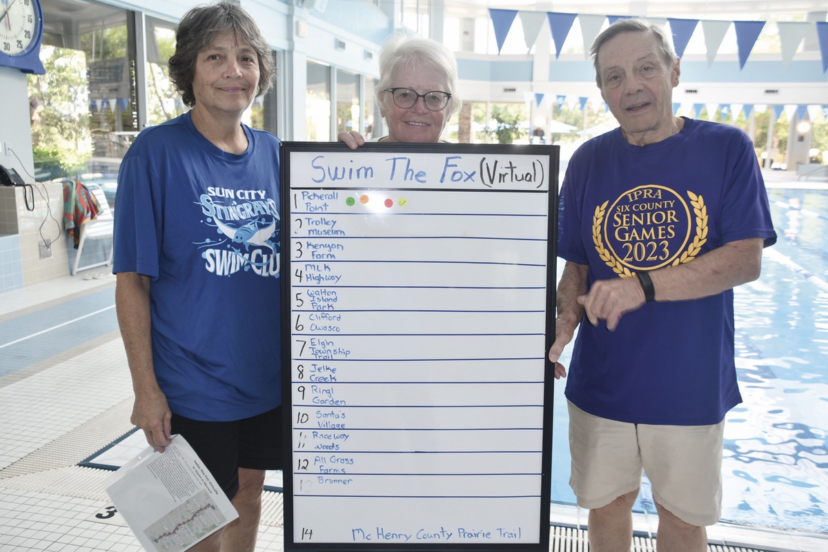 Irene Camp, Nancy Cihlar, & Bill Schaupp and the Sun City Stingrays Charter Club Virtual Swim the Fox Challenge. (Photo by Christine Such/My Sun Day News)