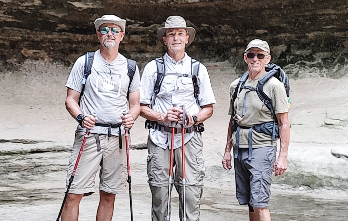 L to R: Mike Grantham, Larry Lindahl, and Doug Jenks on a training hike at Starved Rock State Park in preparation for their rim-to-rim Grand Canyon hike in September. (Photo provided)