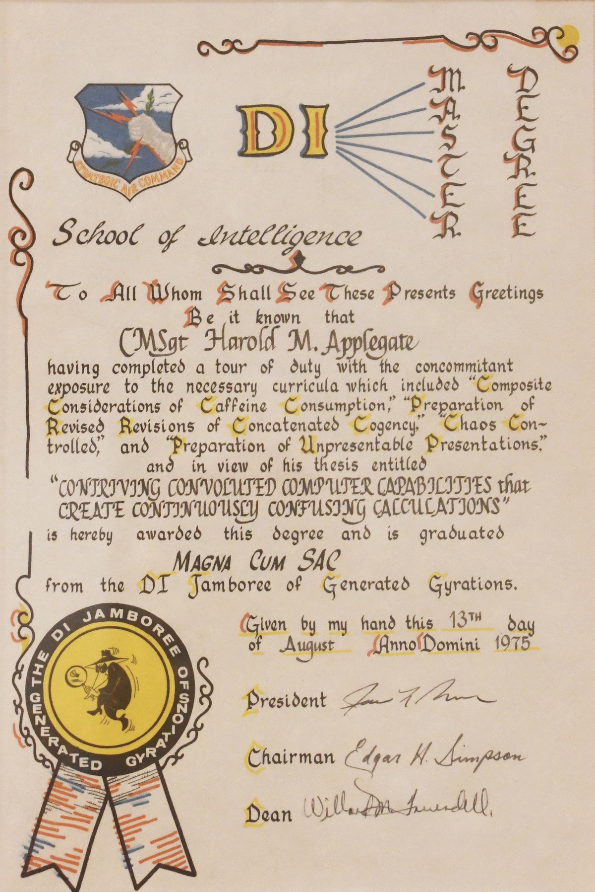 A funny diploma depicting Apple- gate’s work as a spy that was present- ed to him at his retirement in 1975. (Photo by Christine Such/My Sun Day News)