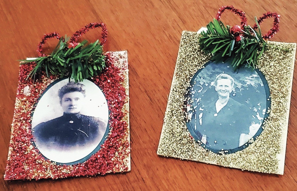 Ornaments made by Jean Christie incorporate photos of her grandmothers for an early theme holiday favorite tree. (Photo provided)