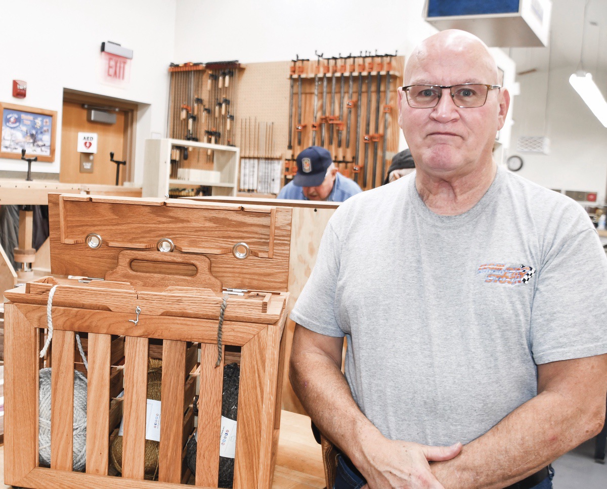 Woodchuck John Belue designed and built a yarn box for his daughter. (Photo by Christine Such/My Sun Day News)