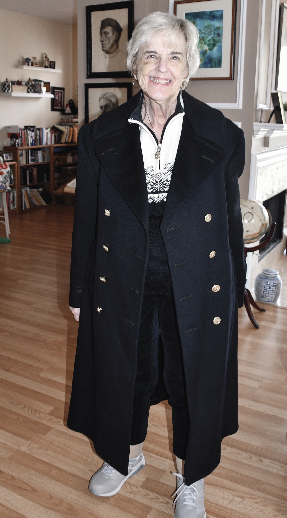Marie Kelly sporting her Father’s Navy WWII Woolen Bridge coat. (Photos by Christine Such/My Sun Day News)