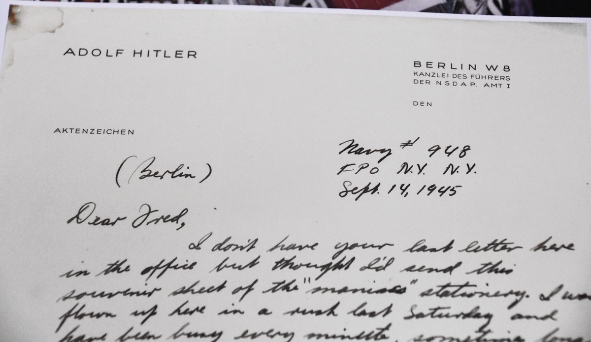 Adolf Hitler’s stationary recovered from his bunker by Kelly’s father, Lou Shemerdiak, during his service in WWII with the United States Navy.