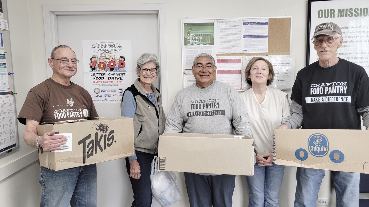 Grafton Food Pantry Volunteers (L to R) Pete Schilling, Bev Stiek, Enrique Jiminez, Ann Donovan, and Chuck Pearson. (Photo by Christine Such/My Sun Day News)