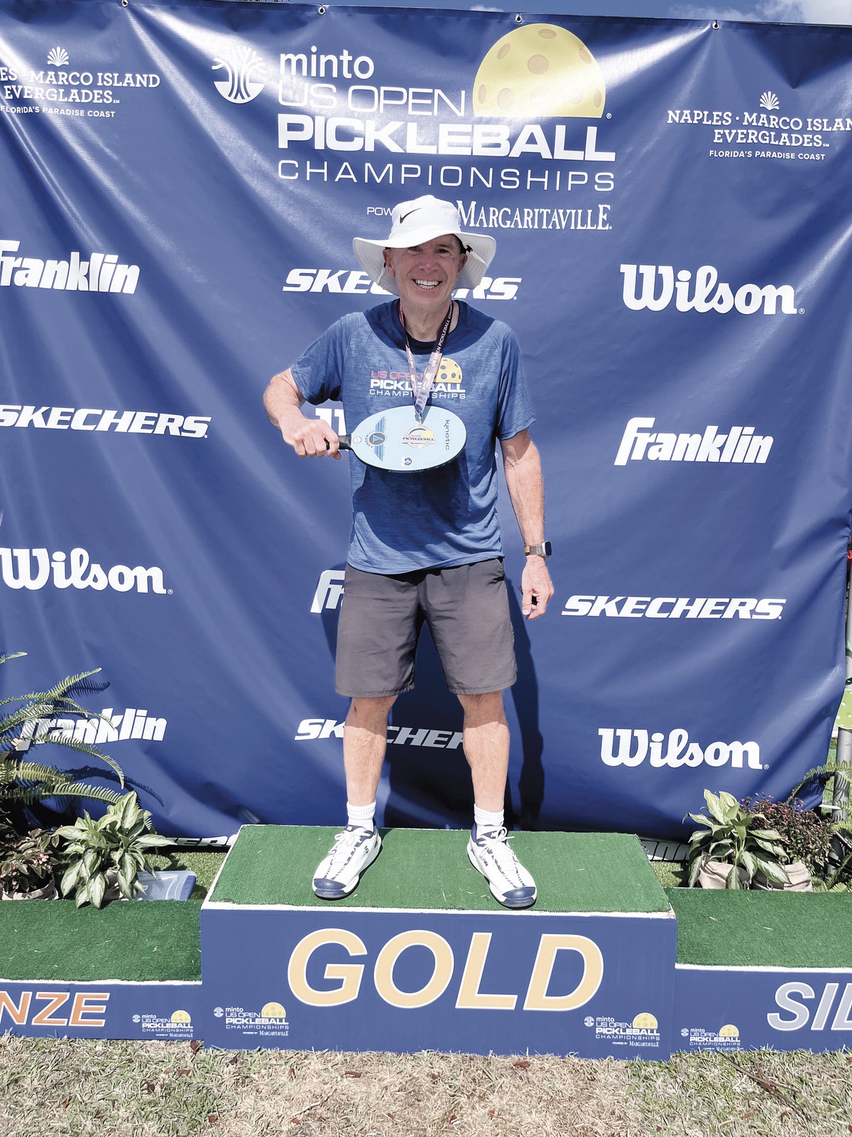 John Schwan proudly shows his US Open Pickleball Championship gold medal. (Photo provided)