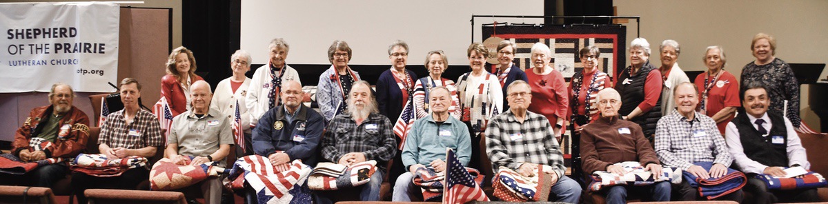 Recipients of the Valor Quilts featured here with the quilters on April 21, 2025. (Photo by Christine Such/My Sun Day News)