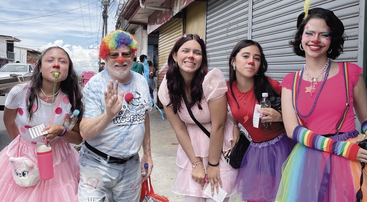 Clown actor and local author Bill Dollear makes faces at the camera with fellow members of the Patch Adams organization on their most recent mission in Costa Rica. (Photo provided)