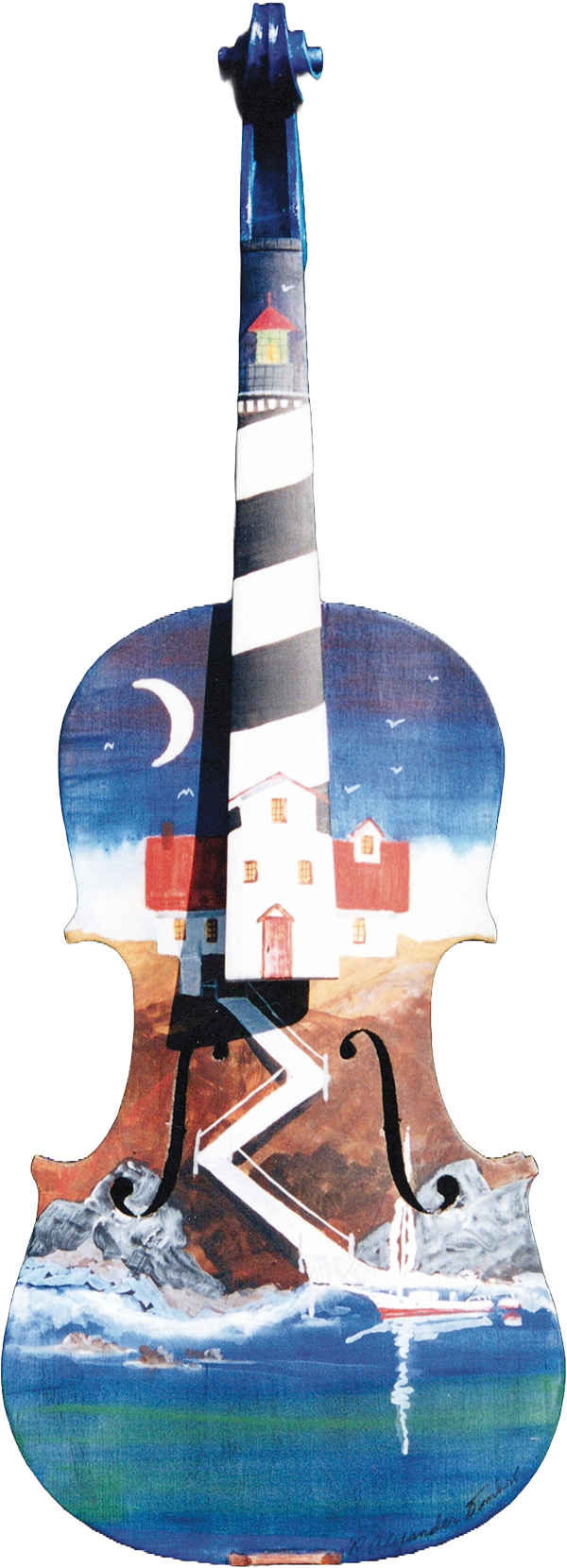 A costal motif Dombro painted on a violin for a Symphony Orchestra of Illinois auction. (Photo by Christine Such/My Sun Day News)