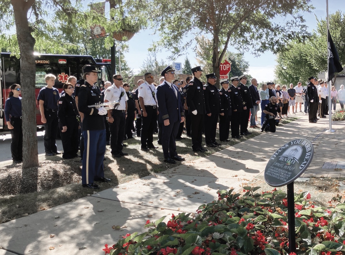 Huntley Fire Protection District, Huntley Police Department and Huntley American Legion Post 673 all paid tribute to those killed in the 9/11 terrorist attacks 25 years ago. Fire Chief Dan Wagner, Police Chief Linda Hooten, and Mayor Tim Hoeft all gave remarks at the Town Square event. (Photo by Steve Peterson/My Sun Day News)