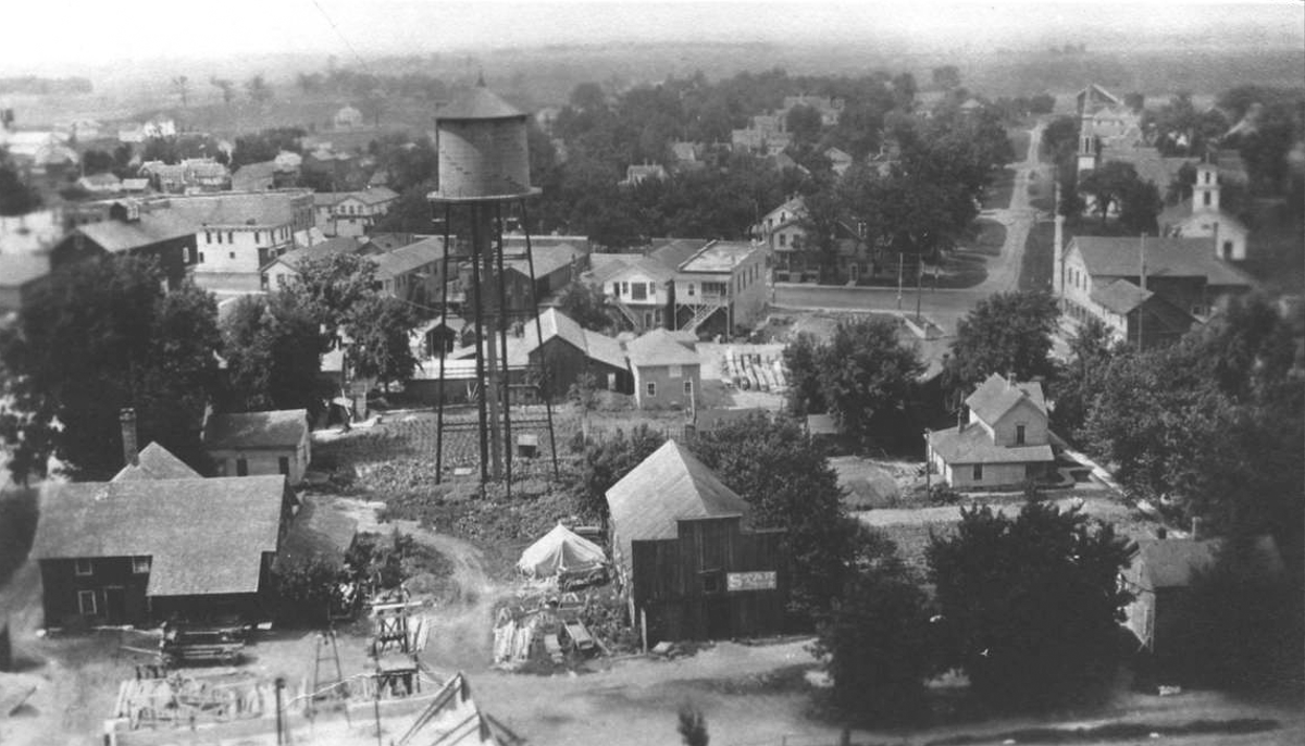 Downtown Huntley (circa before 1916) looking north from the roof of the old Catty Corp building. For reference, the First Congregational Church of Huntley can be seen in the upper-right corner. (Photo courtesy of Huntley Area Public Library)