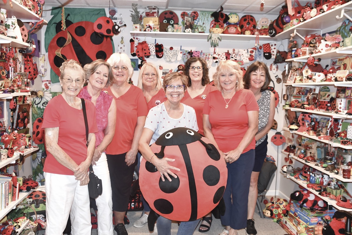 Sun City Sunflower Group members visit with Sheri Cummings (center), who holds the world record for the largest ladybug collection at 6,047 pieces. (Photo by Christine Such/My Sun Day News)